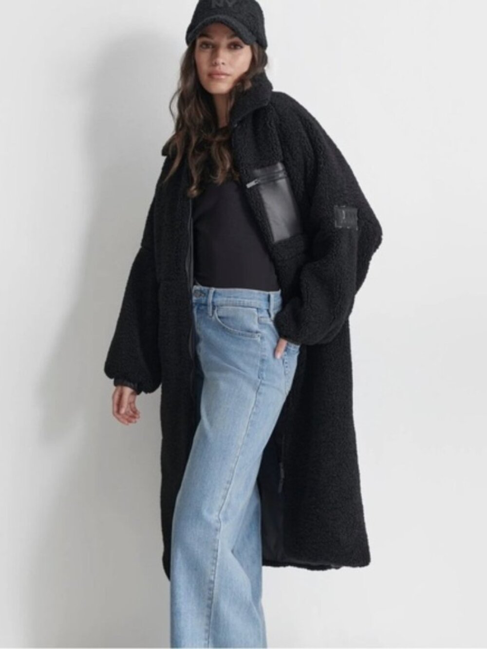NWT DKNY Jeans Black Sherpa Contrast-Trim Zip-Front Long Coat, Sz M